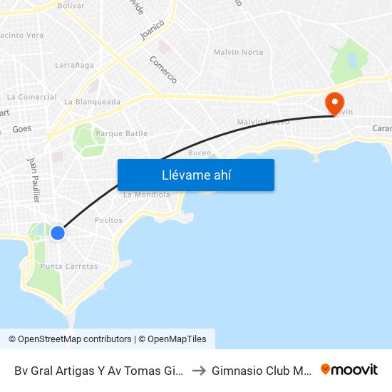 Bv Gral Artigas Y Av Tomas Giribaldi to Gimnasio Club Malvín map