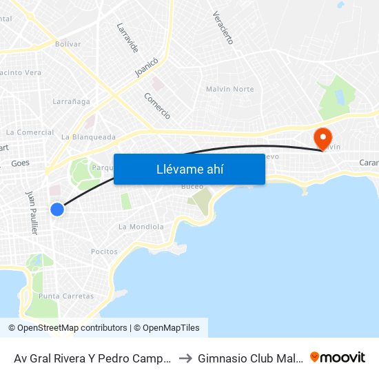 Av Gral Rivera Y Pedro Campbell to Gimnasio Club Malvín map