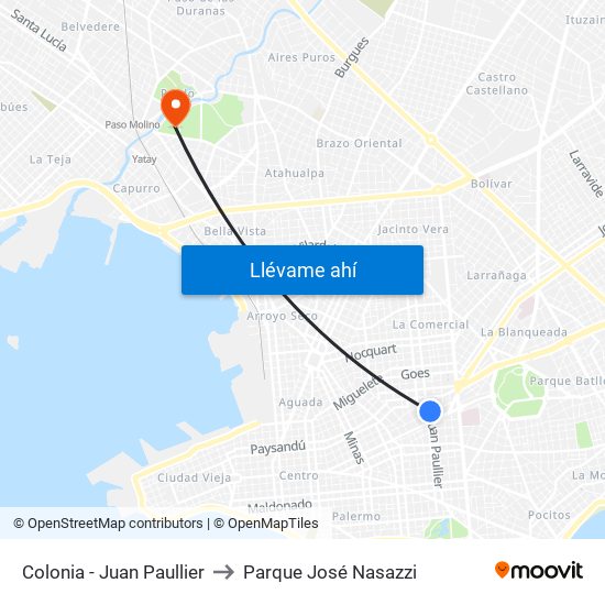 Colonia - Juan Paullier to Parque José Nasazzi map