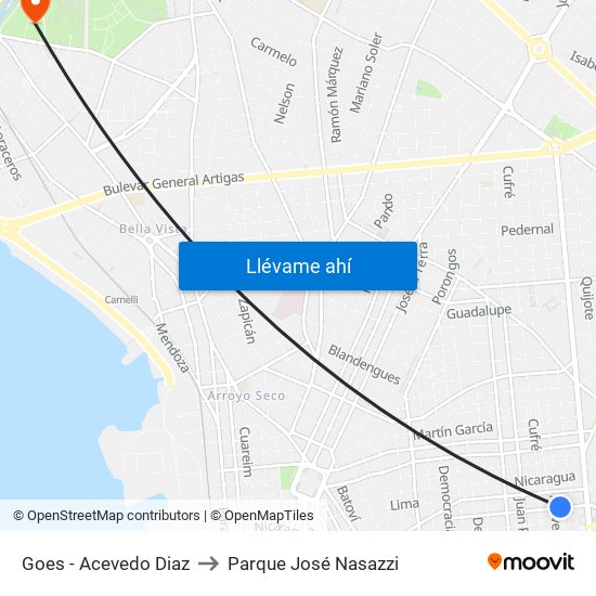 Goes - Acevedo Diaz to Parque José Nasazzi map