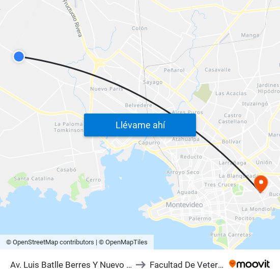 Av. Luis Batlle Berres Y Nuevo Llamas to Facultad De Veterinaria map