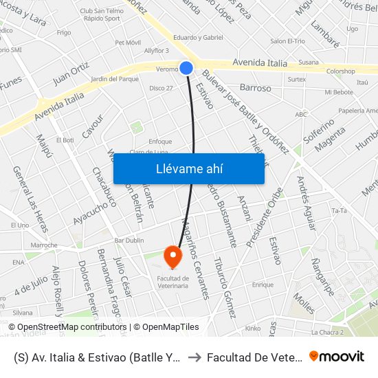 (S) Av. Italia & Estivao (Batlle Y Ordóñez) to Facultad De Veterinaria map