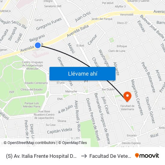 (S) Av. Italia Frente Hospital De Clínicas to Facultad De Veterinaria map