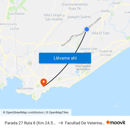 Parada 27 Ruta 8 (Km 24.500) to Facultad De Veterinaria map