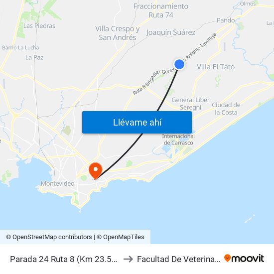 Parada 24 Ruta 8 (Km 23.500) to Facultad De Veterinaria map
