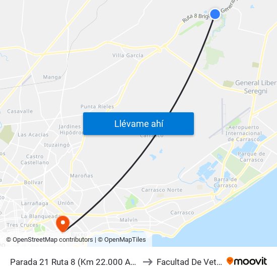 Parada 21 Ruta 8 (Km 22.000 Arroyo Toledo) to Facultad De Veterinaria map