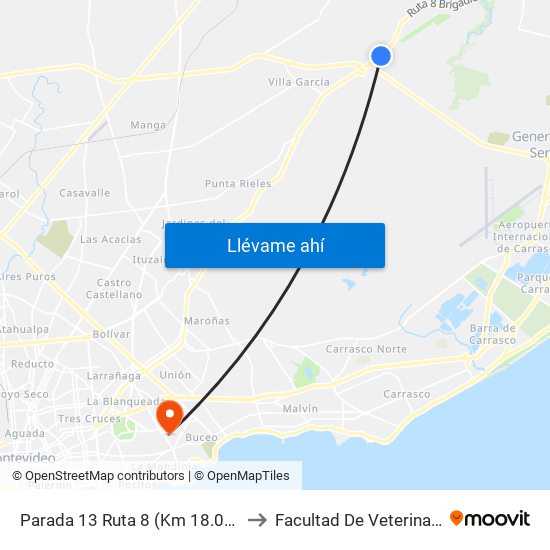 Parada 13 Ruta 8 (Km 18.000) to Facultad De Veterinaria map
