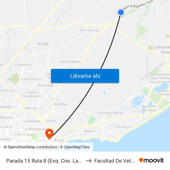 Parada 15 Ruta 8 (Esq. Cno. Las Pléyades) to Facultad De Veterinaria map