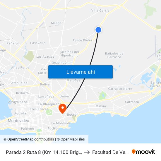 Parada 2 Ruta 8 (Km 14.100 Brigada Infantería) to Facultad De Veterinaria map