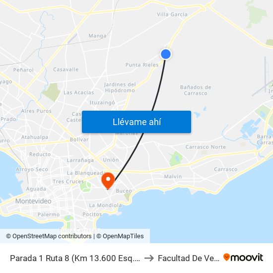 Parada 1 Ruta 8 (Km 13.600 Esq. Albert Einstein) to Facultad De Veterinaria map