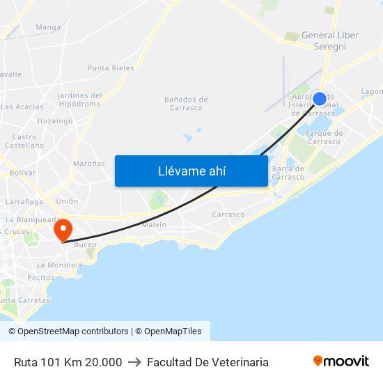 Ruta 101 Km 20.000 to Facultad De Veterinaria map