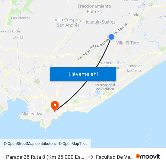 Parada 28 Ruta 8 (Km 25.000 Esq. Los Paraisos) to Facultad De Veterinaria map