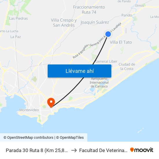 Parada 30 Ruta 8 (Km 25,800) to Facultad De Veterinaria map