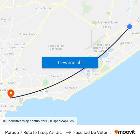 Parada 7 Ruta Ib (Esq. Av. Uruguay) to Facultad De Veterinaria map