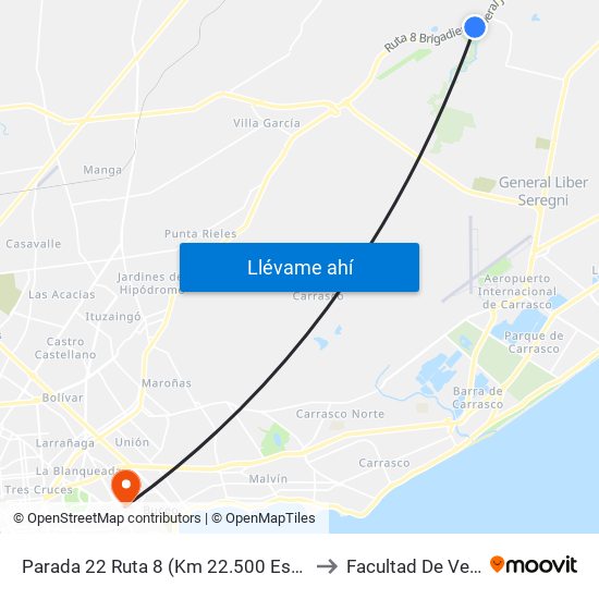 Parada 22 Ruta 8 (Km 22.500 Esq. Elías Regules) to Facultad De Veterinaria map