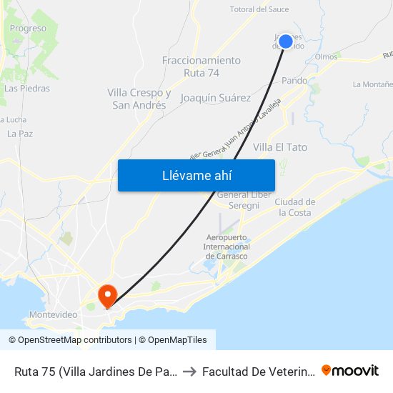 Ruta 75 (Villa Jardines De Pando) to Facultad De Veterinaria map