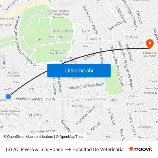 (S) Av. Rivera & Luis Ponce to Facultad De Veterinaria map