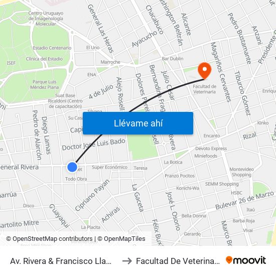 Av. Rivera & Francisco Llambi to Facultad De Veterinaria map