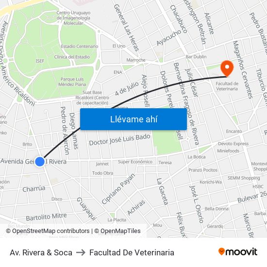 Av. Rivera & Soca to Facultad De Veterinaria map
