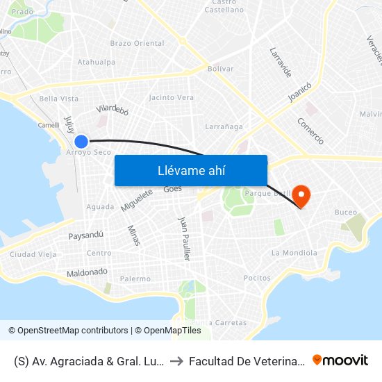 (S) Av. Agraciada & Gral. Luna to Facultad De Veterinaria map