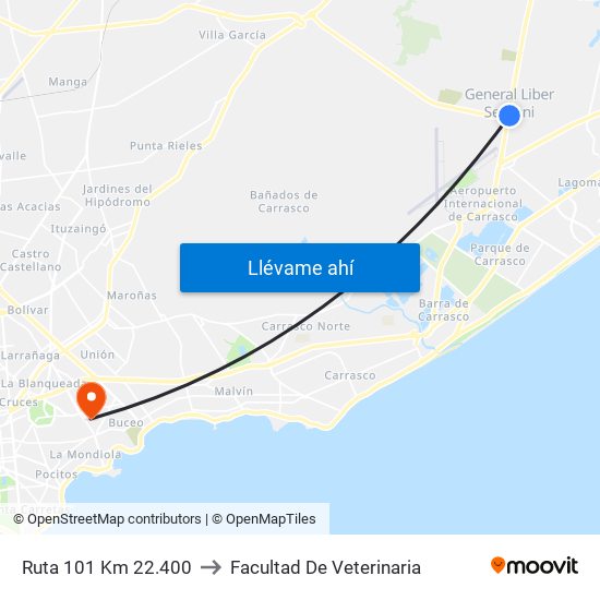 Ruta 101 Km 22.400 to Facultad De Veterinaria map