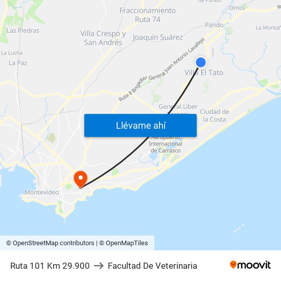 Ruta 101 Km 29.900 to Facultad De Veterinaria map