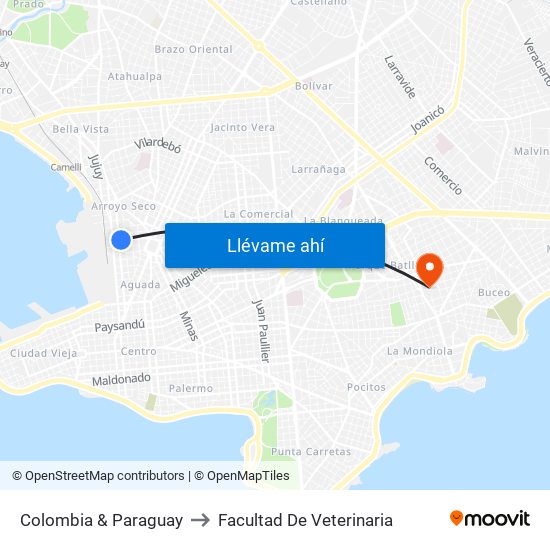 Colombia & Paraguay to Facultad De Veterinaria map
