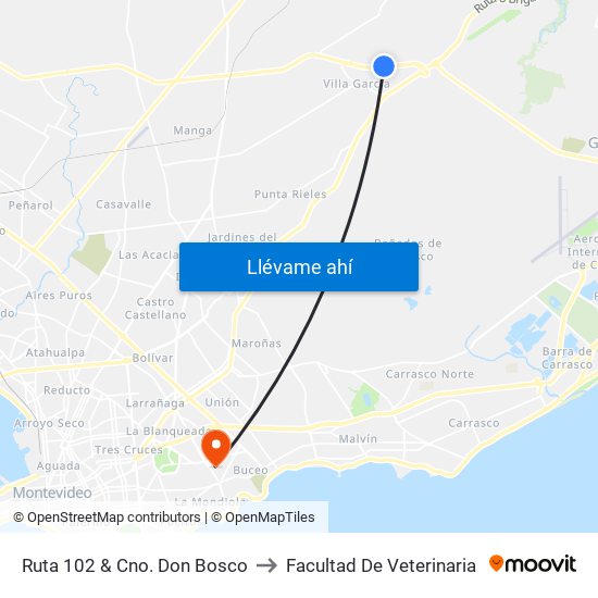Ruta 102 & Cno. Don Bosco to Facultad De Veterinaria map