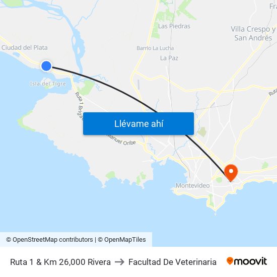Ruta 1 & Km 26,000 Rivera to Facultad De Veterinaria map