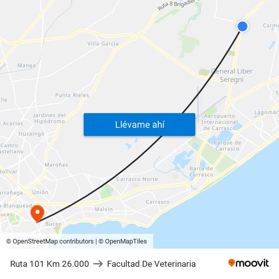 Ruta 101 Km 26.000 to Facultad De Veterinaria map