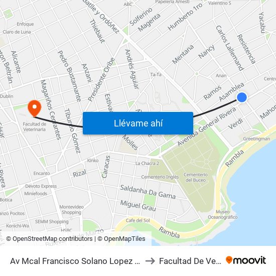 Av Mcal Francisco Solano Lopez Y Av Gral Rivera to Facultad De Veterinaria map