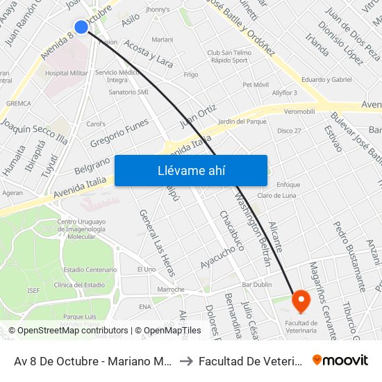Av 8 De Octubre - Mariano Moreno to Facultad De Veterinaria map