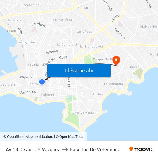Av 18 De Julio Y Vazquez to Facultad De Veterinaria map