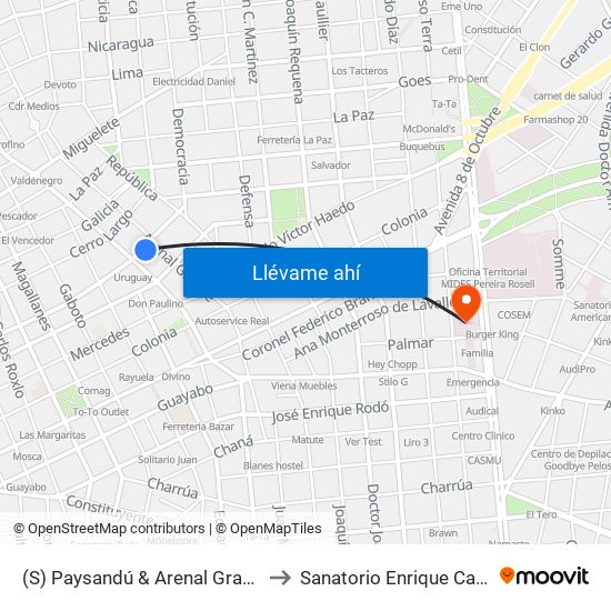 (S) Paysandú & Arenal Grande to Sanatorio Enrique Cabal map