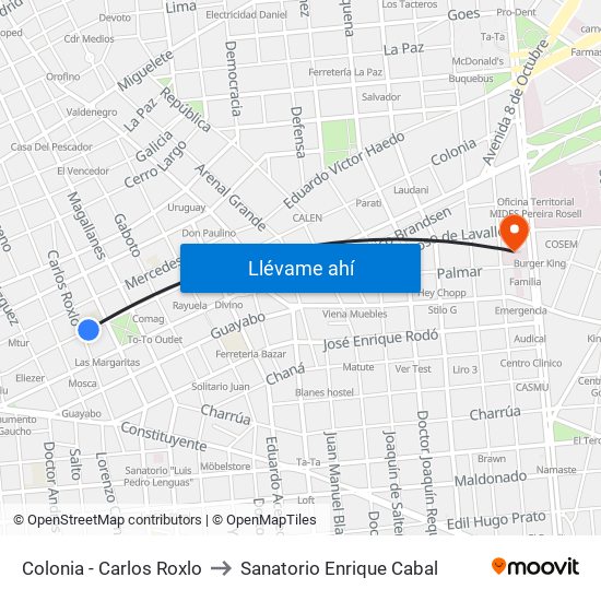 Colonia - Carlos Roxlo to Sanatorio Enrique Cabal map