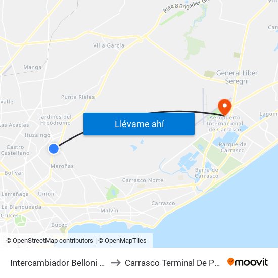 Intercambiador Belloni Andén 4 to Carrasco Terminal De Pasajeros map