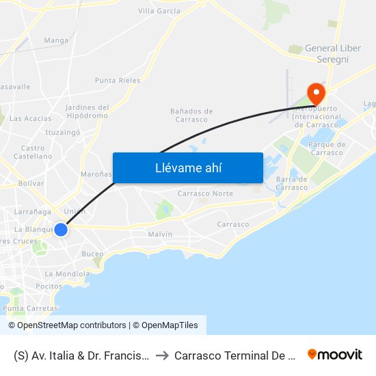 (S) Av. Italia & Dr. Francisco Simón to Carrasco Terminal De Pasajeros map