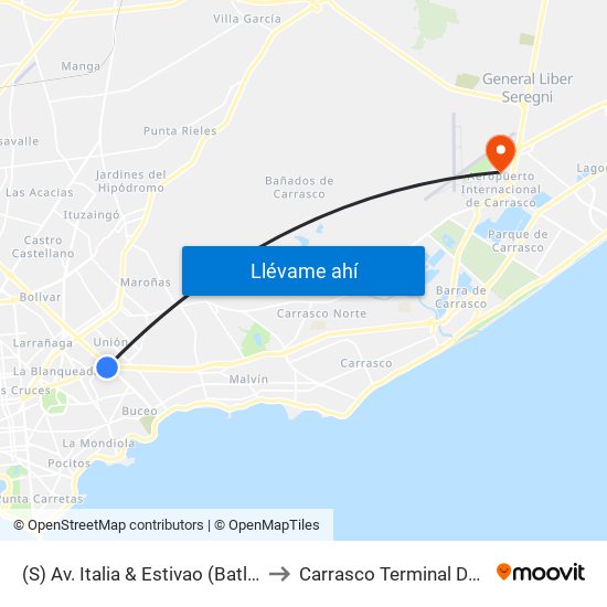 (S) Av. Italia & Estivao (Batlle Y Ordóñez) to Carrasco Terminal De Pasajeros map