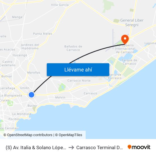 (S) Av. Italia & Solano López (Comercio) to Carrasco Terminal De Pasajeros map