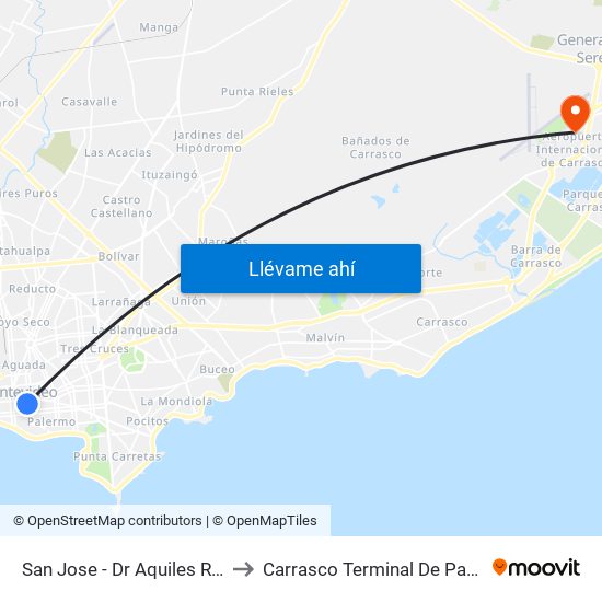 San Jose - Dr Aquiles R Lanza to Carrasco Terminal De Pasajeros map
