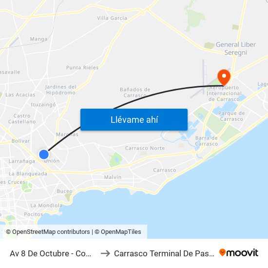 Av 8 De Octubre - Comercio to Carrasco Terminal De Pasajeros map