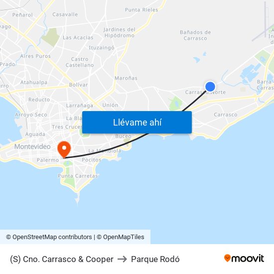 (S) Cno. Carrasco & Cooper to Parque Rodó map
