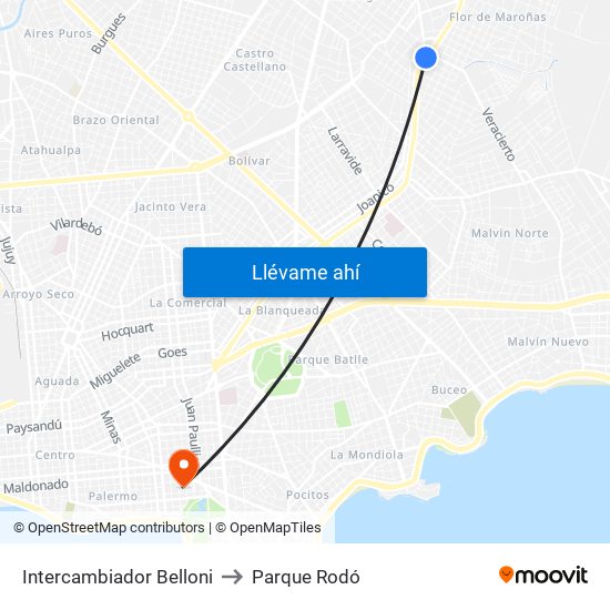 Intercambiador Belloni to Parque Rodó map