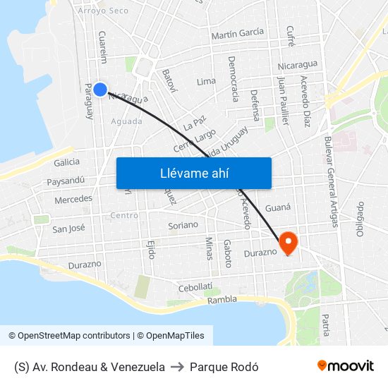 (S) Av. Rondeau & Venezuela to Parque Rodó map