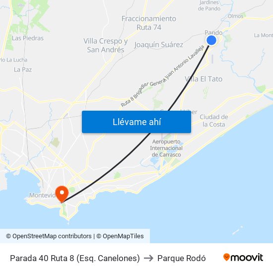 Parada 40 Ruta 8 (Esq. Canelones) to Parque Rodó map