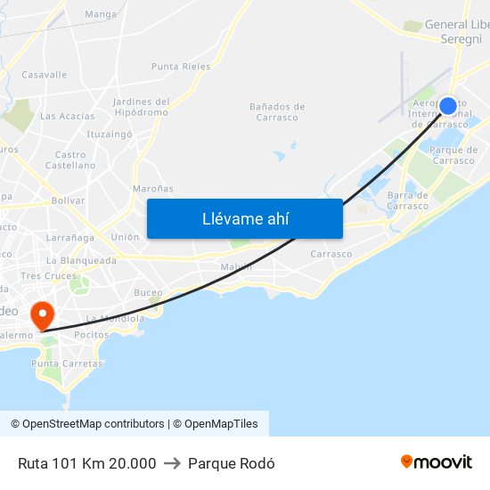 Ruta 101 Km 20.000 to Parque Rodó map