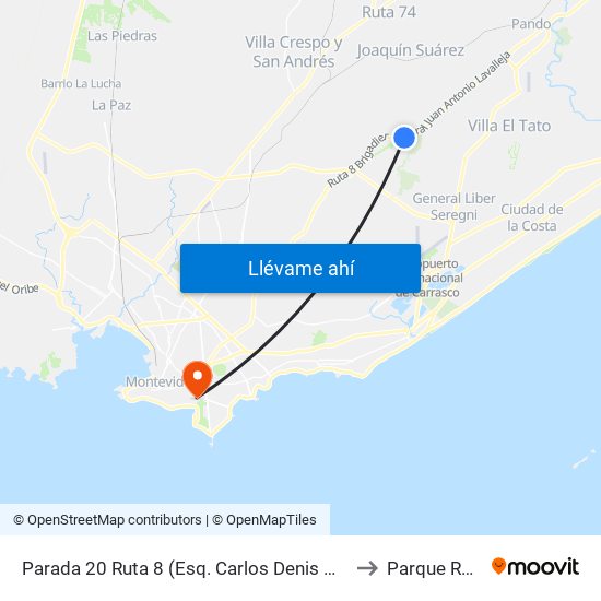 Parada 20 Ruta 8 (Esq. Carlos Denis Molina) to Parque Rodó map