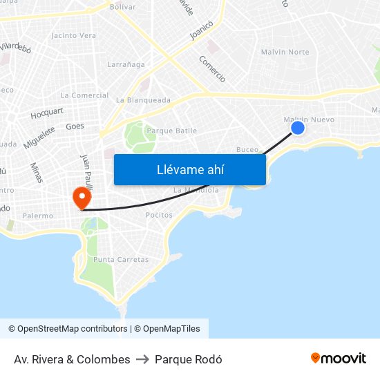 Av. Rivera & Colombes to Parque Rodó map