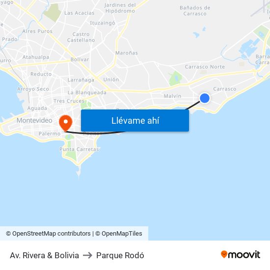 Av. Rivera & Bolivia to Parque Rodó map