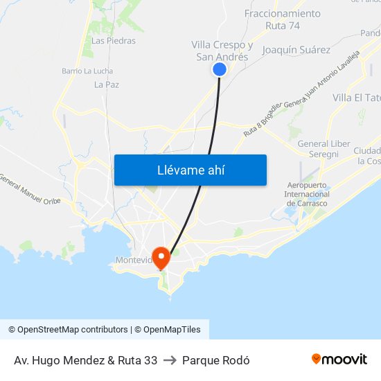 Av. Hugo Mendez & Ruta 33 to Parque Rodó map
